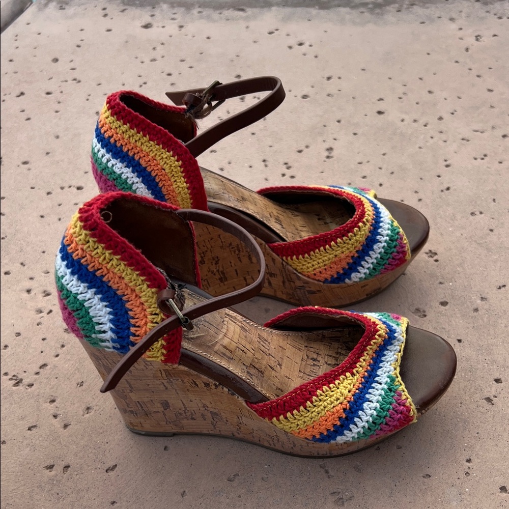 MIA Rainbow Crochet Cork Wedge Sandals - Picture 6 of 10